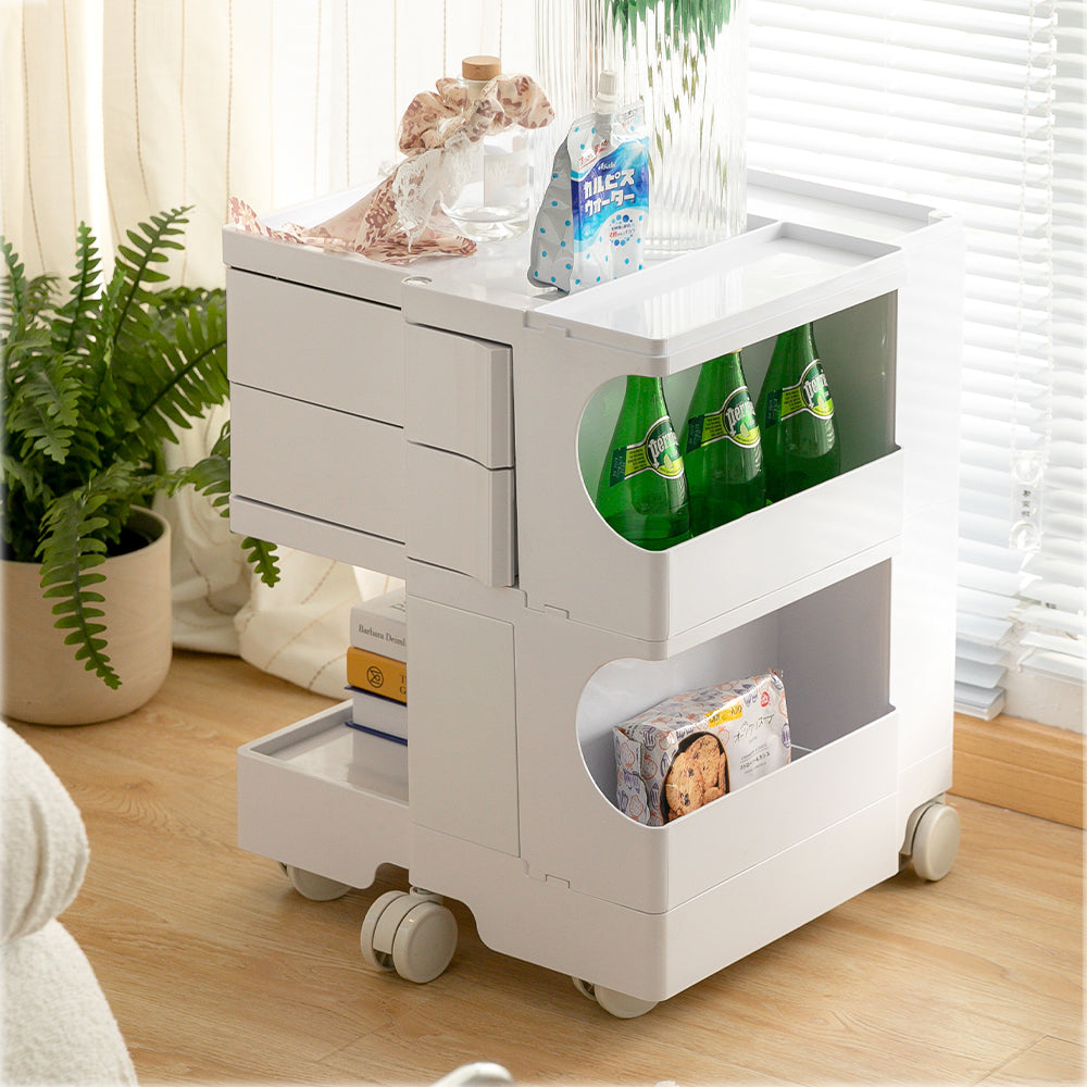 Vernon PP Plastic Bedside Tables Side Tables Nightstand Organizer Replica Boby Trolley 3 Tier with 2 Drawers - White