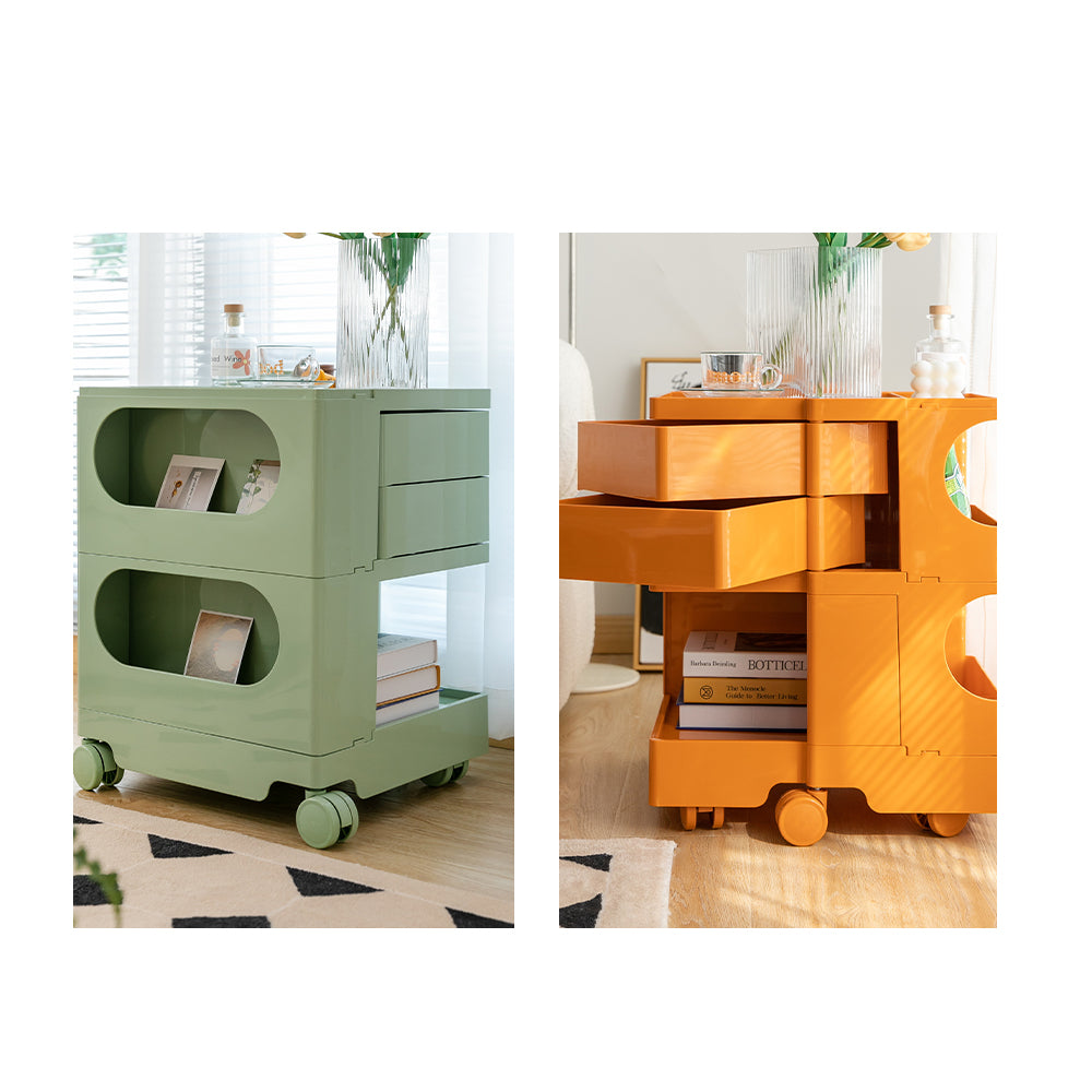 Vernon PP Plastic Bedside Tables Side Tables Nightstand Organizer Replica Boby Trolley 3 Tier with 2 Drawers - White