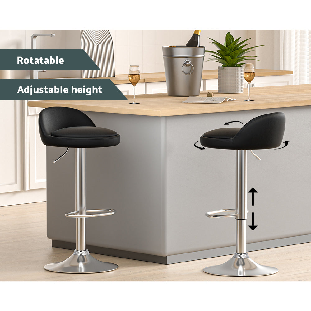 Set of 2 Hobart Bar Stools Kitchen Stool Chairs Dining Gas Lift Swivel Leather - Black