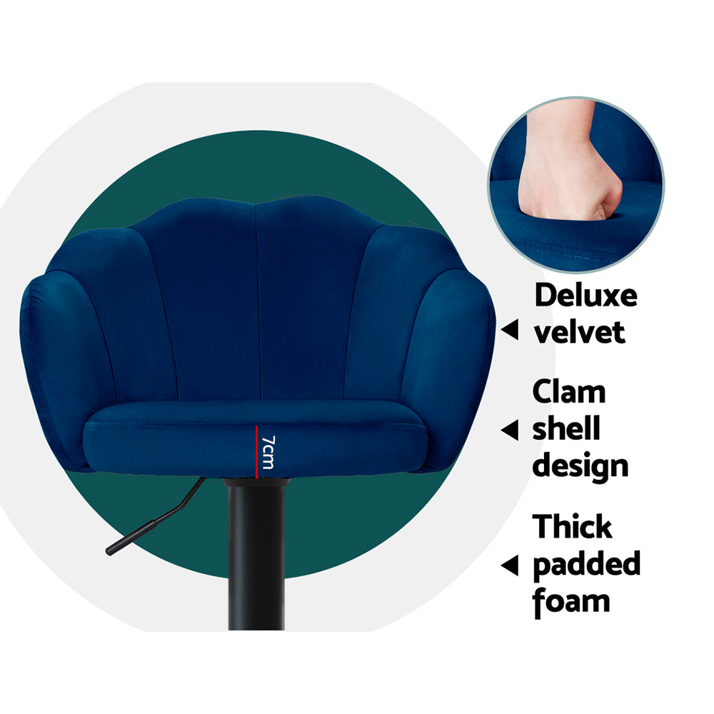 Set of 2 Naples Bar Stools Kitchen Stool Swivel Chair Gas Lift Velvet Chairs - Blue
