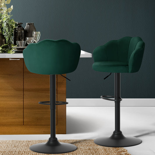 Set of 2 Naples Bar Stools Kitchen Stool Swivel Chair Gas Lift Velvet Chairs - Green