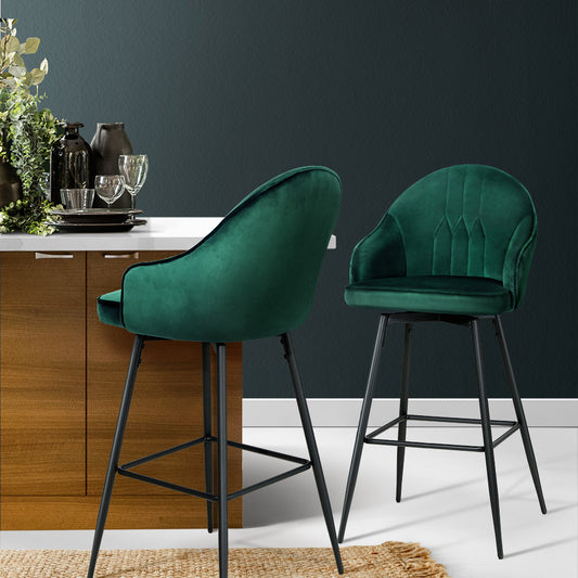 Set of 2 Munich Bar Stools Kitchen Stool Dining Chairs Velvet Chair Barstool - Green