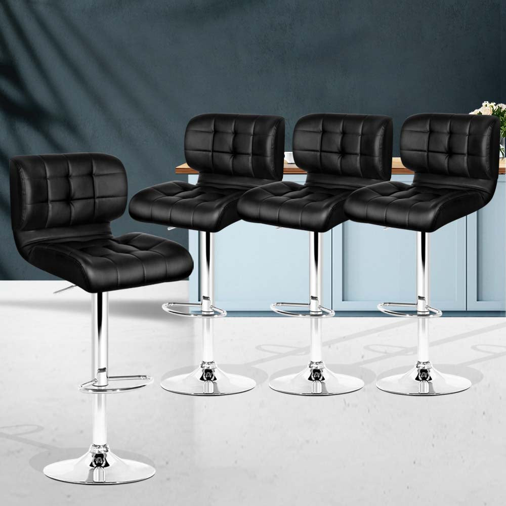 Set of 4 Genoa PU Leather Gas Lift Bar Stools - Black & Chrome