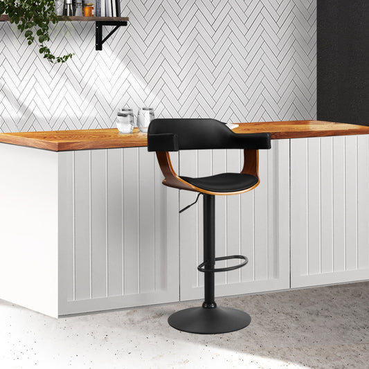 82cm Eindhoven Bar Stool Curved Gas Lift PU Leather - Black & Wood