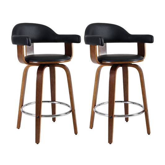 Set of 2 Evora Bar Stools PU Leather Wooden Swivel - Wood,Chrome & Black