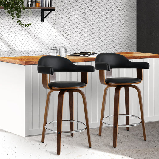 Set of 2 Evora Bar Stools PU Leather Wooden Swivel - Wood,Chrome & Black