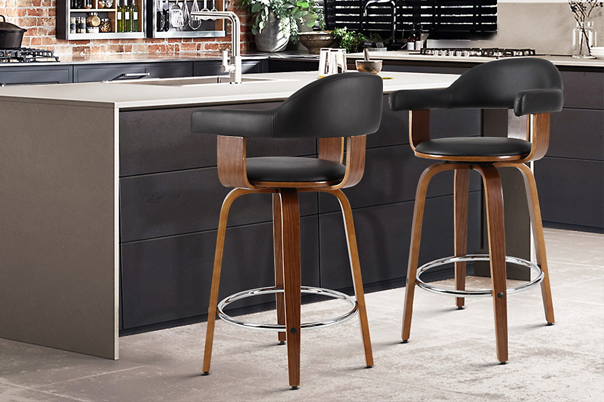 Set of 2 Evora Bar Stools PU Leather Wooden Swivel - Wood,Chrome & Black