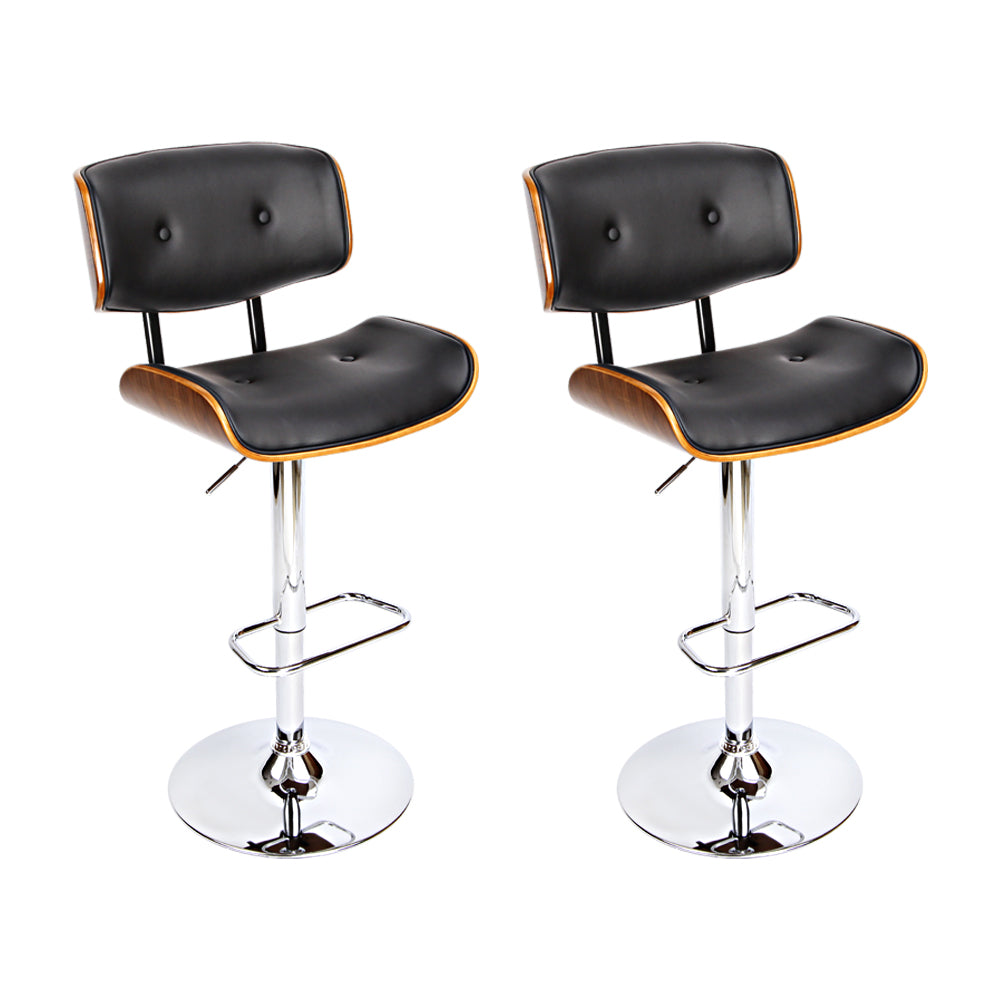 Set of 2 Ancona Wooden Gas Lift Bar Stools - Black & Chrome