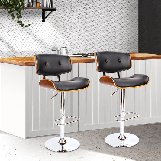 Set of 2 Ancona Wooden Gas Lift Bar Stools - Black & Chrome