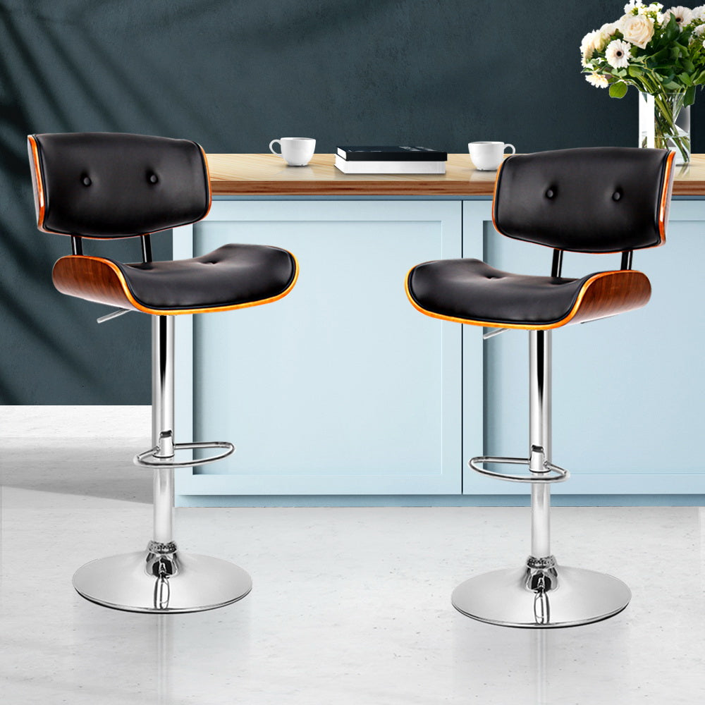 Set of 2 Ancona Wooden Gas Lift Bar Stools - Black & Chrome