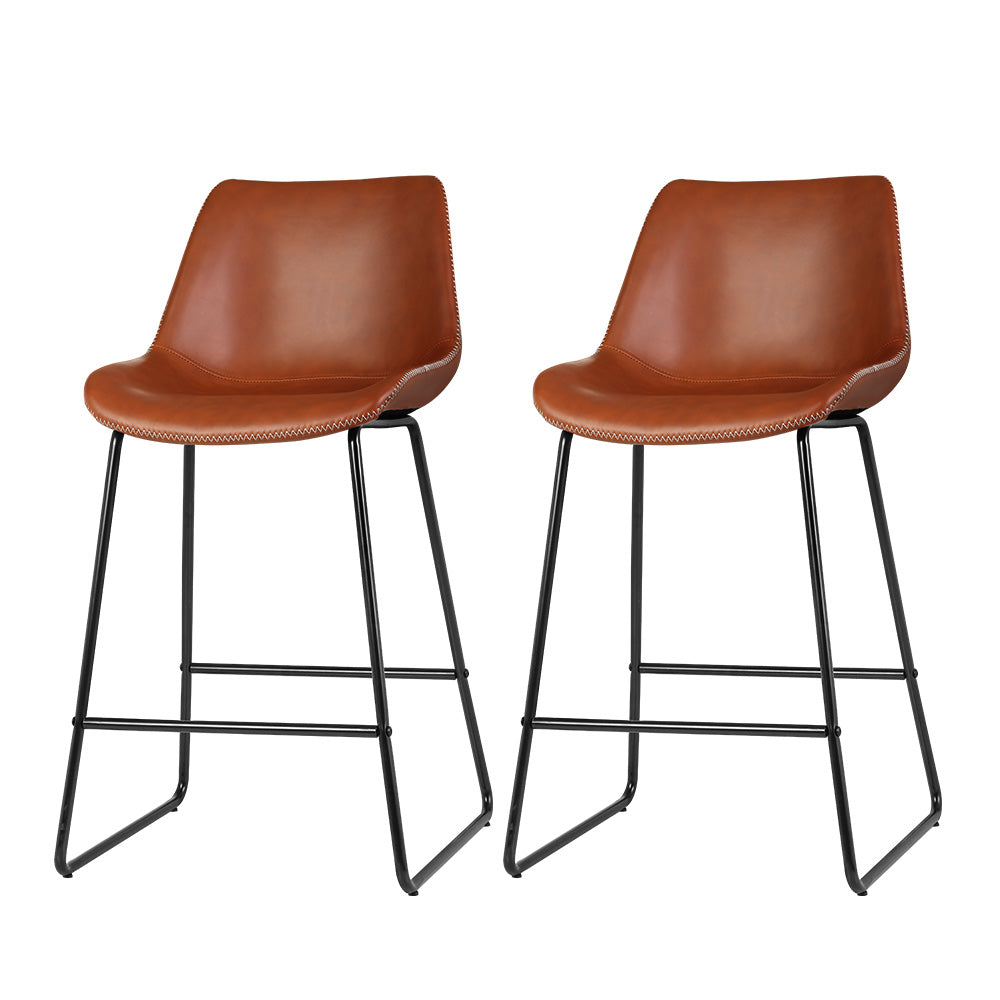 Set of 2 Toulon Bar Stools Kitchen Metal Bar Stool Dining Chairs PU Leather - Brown
