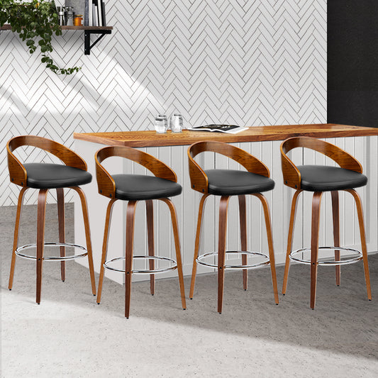 Set of 4 Alicante Walnut Wood Bar Stools - Black & Brown