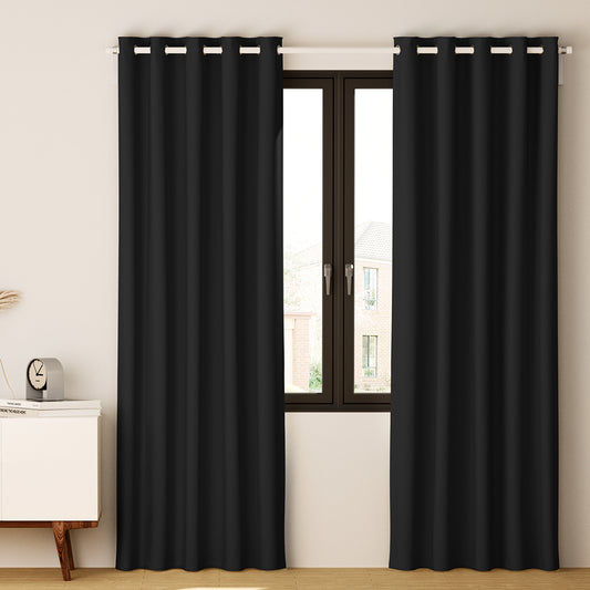 Set of 2 Blockout Curtains Blackout Window Curtain Eyelet 180x213cm Black