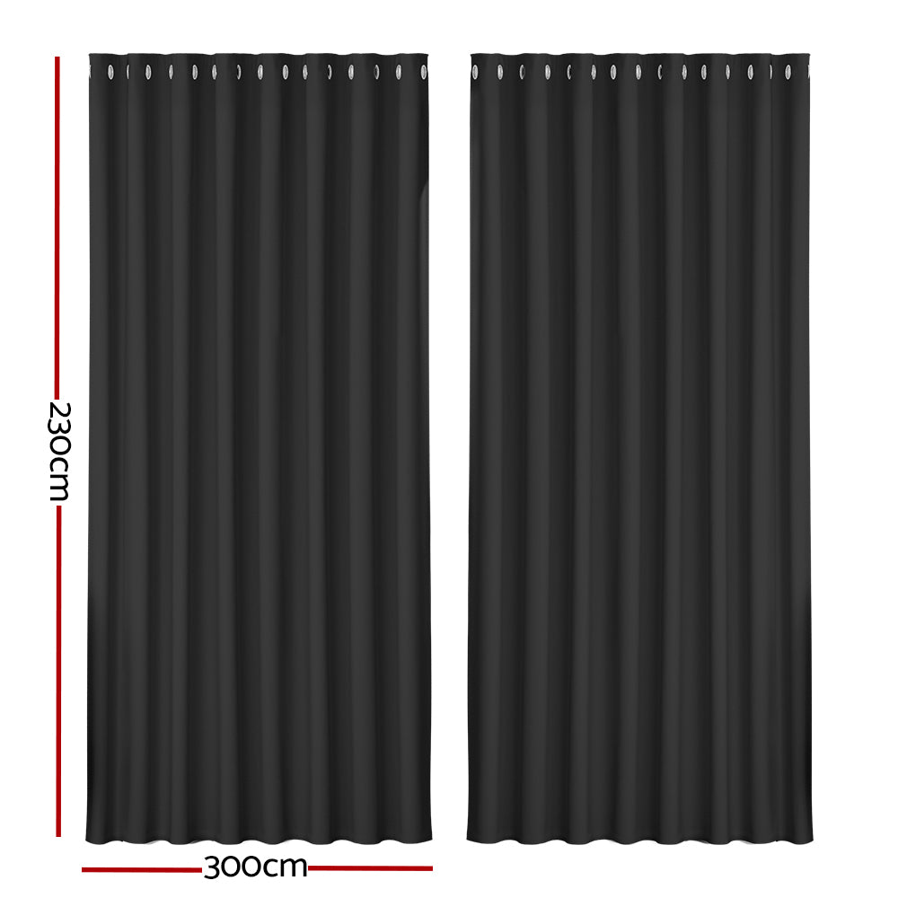 Set of 2 Blockout Curtains Blackout Window Curtain Eyelet 300x230cm Black