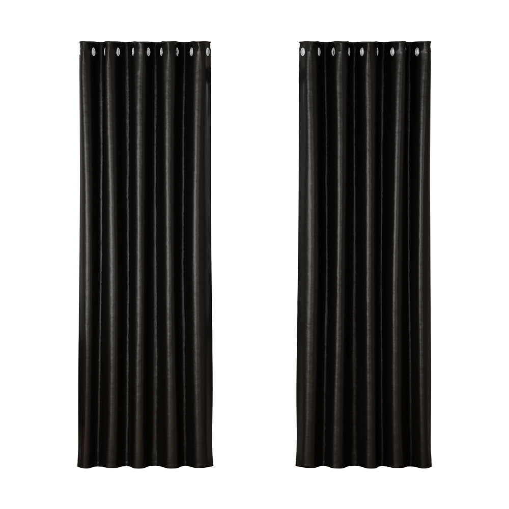 Set of 2 Blockout Curtains Blackout Window Curtain Eyelet 180x213cm Black Shine