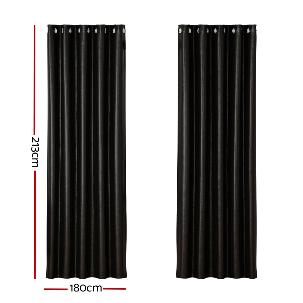 Set of 2 Blockout Curtains Blackout Window Curtain Eyelet 180x213cm Black Shine
