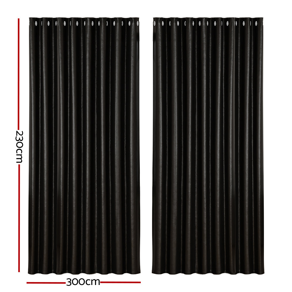 Set of 2 Blockout Curtains Blackout Window Curtain Eyelet 300x230cm Black Shine