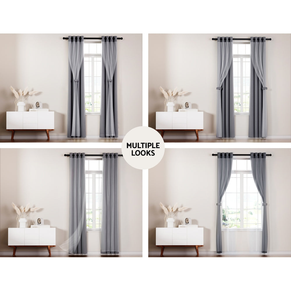 Set of 2 132x304cm Blockout Sheer Curtains Charcoal