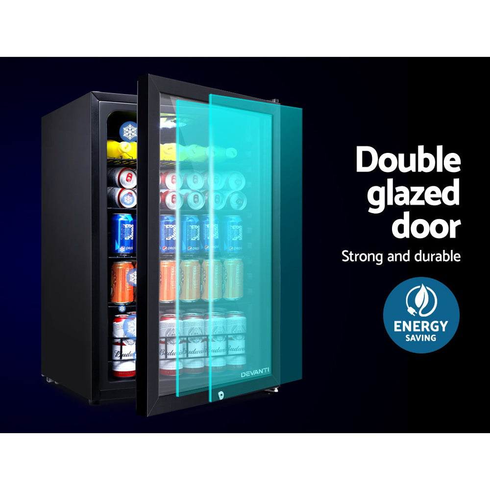 Devanti 115L Bar Fridge Glass Door with Light Black