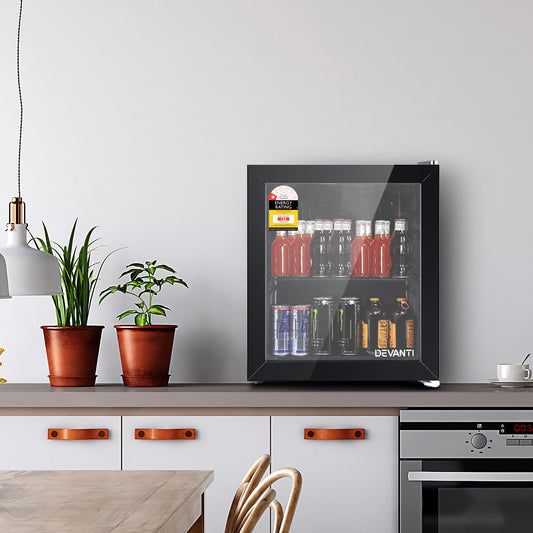 Devanti 46L Bar Fridge Glass Door with Light Black