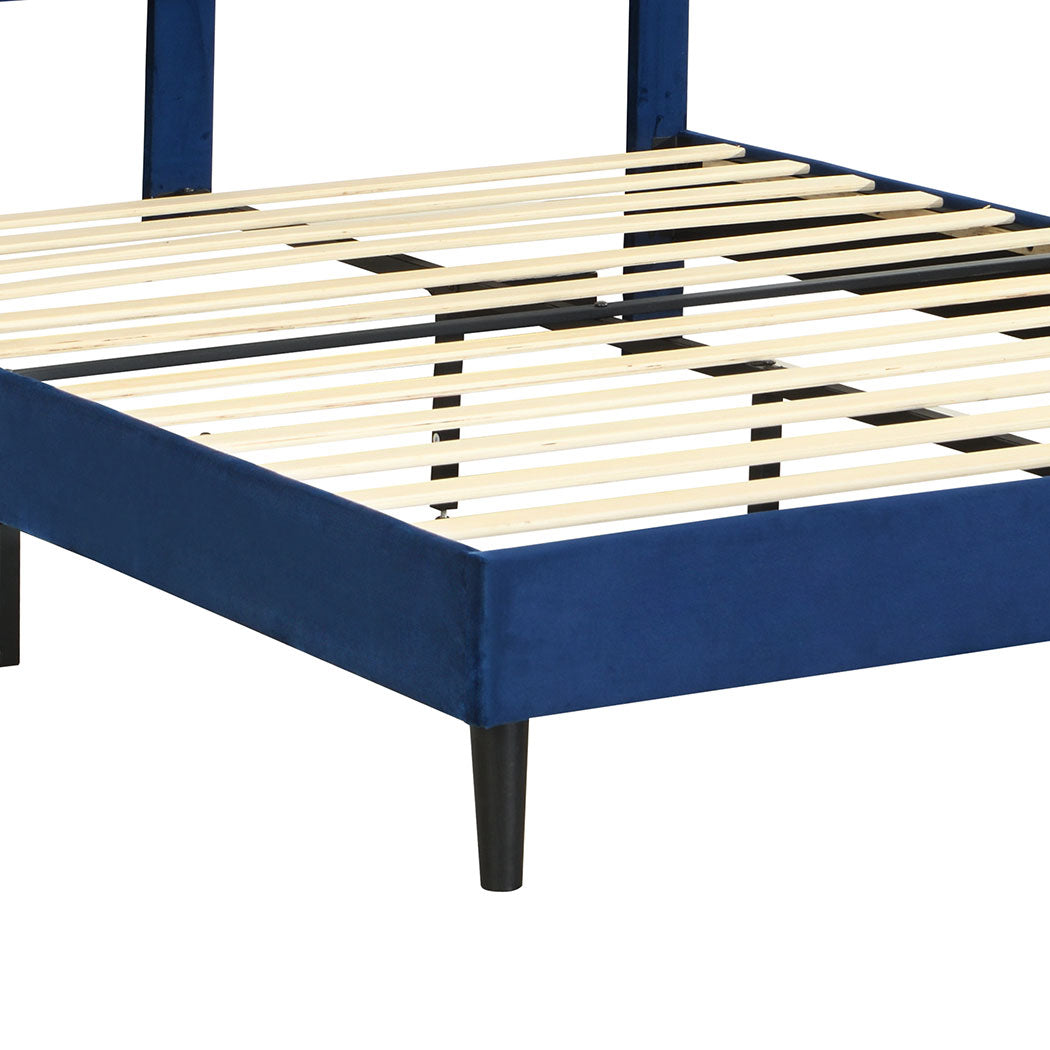 Velsen Bed Frame Base Platform Wooden Velvet with Headboard Blue - Queen