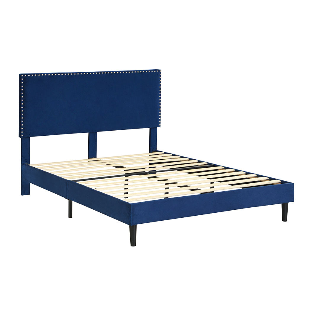 Velsen Bed Frame Base Platform Wooden Velvet with Headboard Blue - Queen