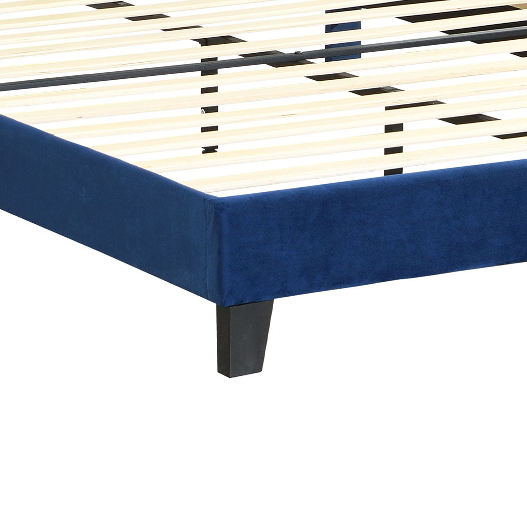 Cheyenne Bed Frame Base Platform Wooden Velvet with Headboard Blue - Double