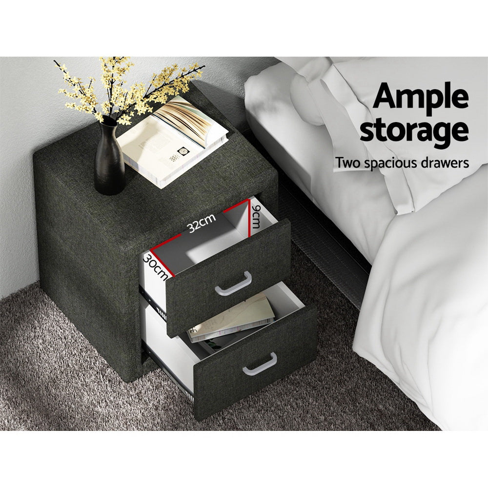 Kildonan Fabric Bedside Tables with 2 Drawers - Charcoal