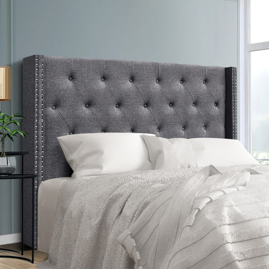 Button-Tufted Winged Bed Headboard Fabric Frame Base - Grey Queen