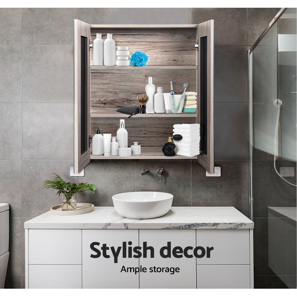 Bathroom Mirror Cabinet Vanity Medicine Shave Wooden Natural 600mm x720mm