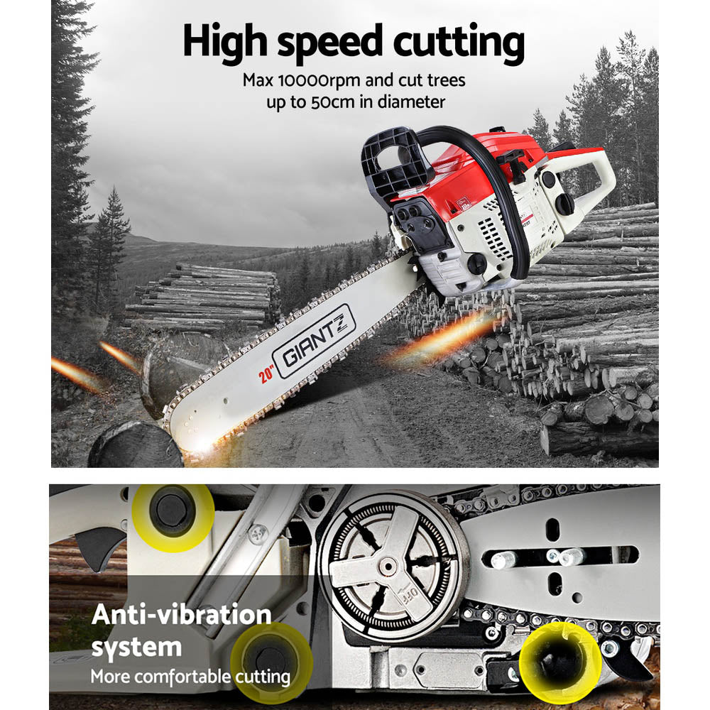 Chainsaw Petrol 52CC 20" Bar Commercial E-Start Pruning Chain Saw White