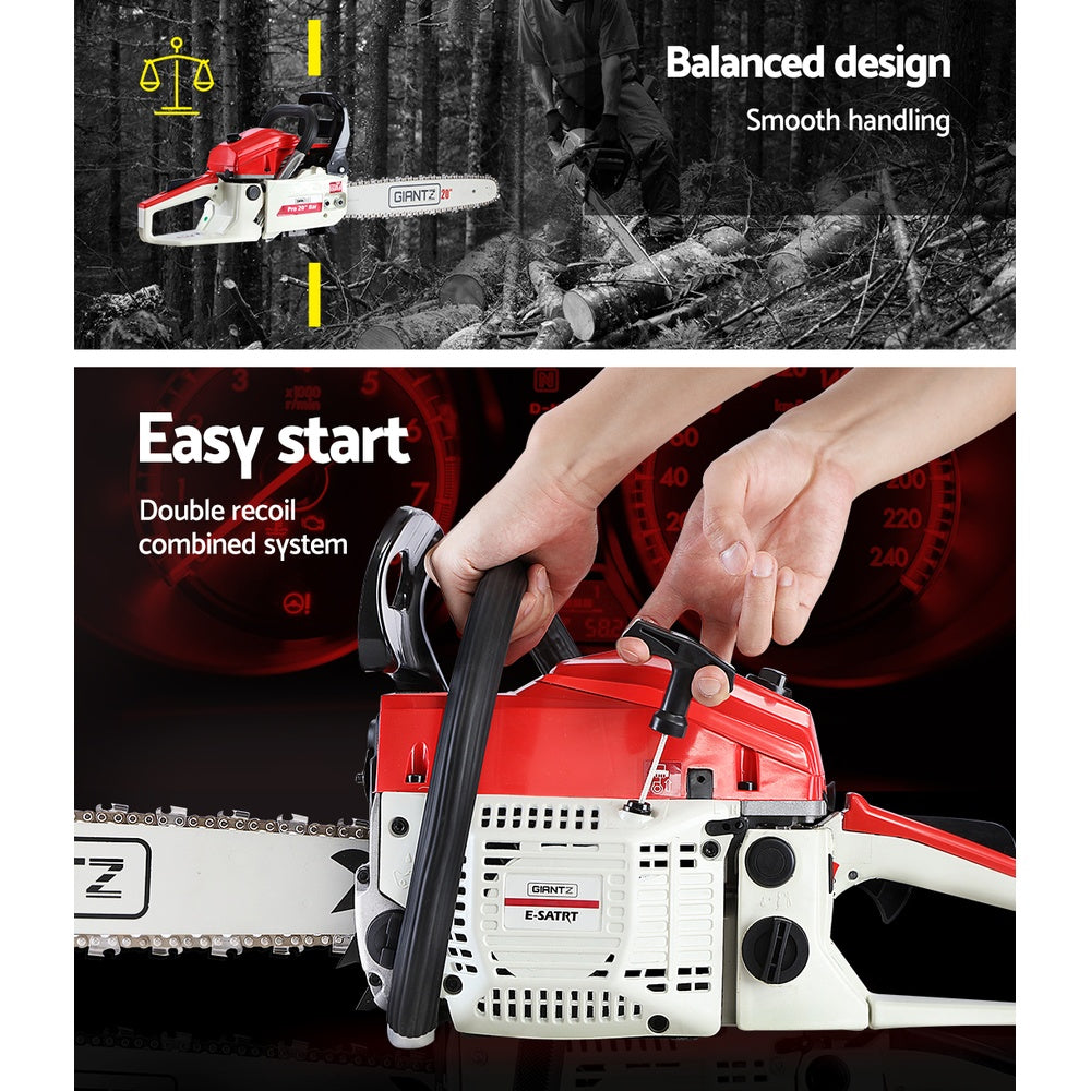 Chainsaw Petrol 52CC 20" Bar Commercial E-Start Pruning Chain Saw White