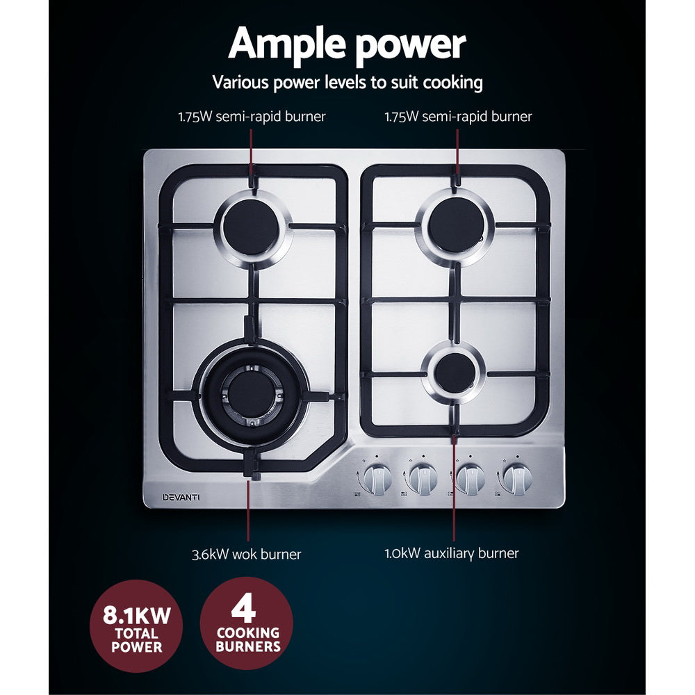 Devanti Gas Cooktop 60cm 4 Burner Silver