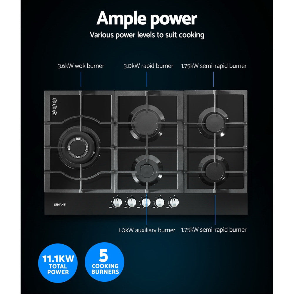 Gas Cooktop 90cm 5 Burner Black