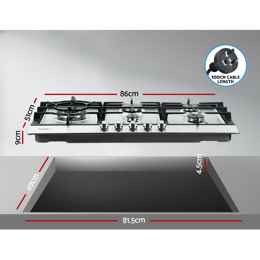 Devanti Gas Cooktop 90cm 5 Burner Silver