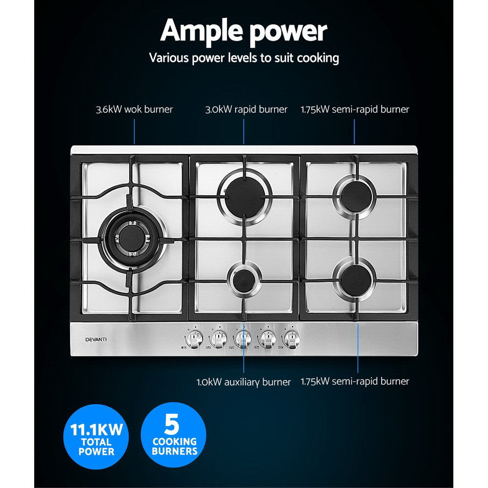 Devanti Gas Cooktop 90cm 5 Burner Silver