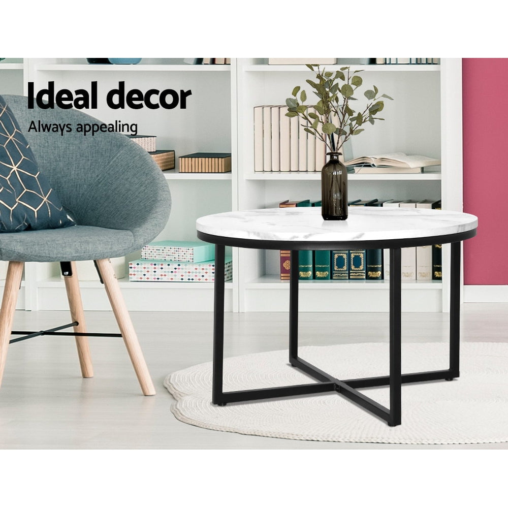 Ierax Coffee Table 70cm Round Marbel Effect - White