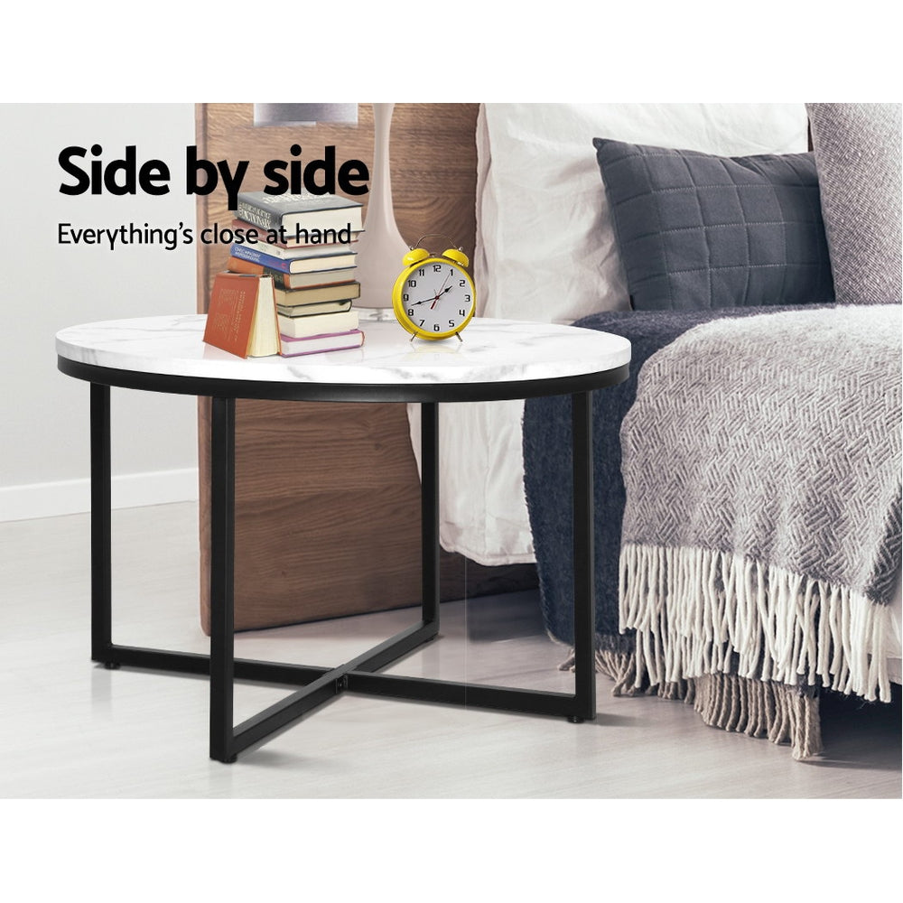 Ierax Coffee Table 70cm Round Marbel Effect - White