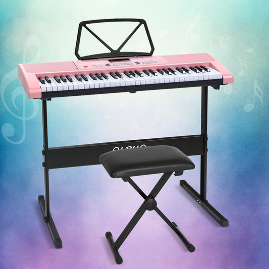 61 Keys Electronic Piano Keyboard Digital Electric with Stand Stool Pink