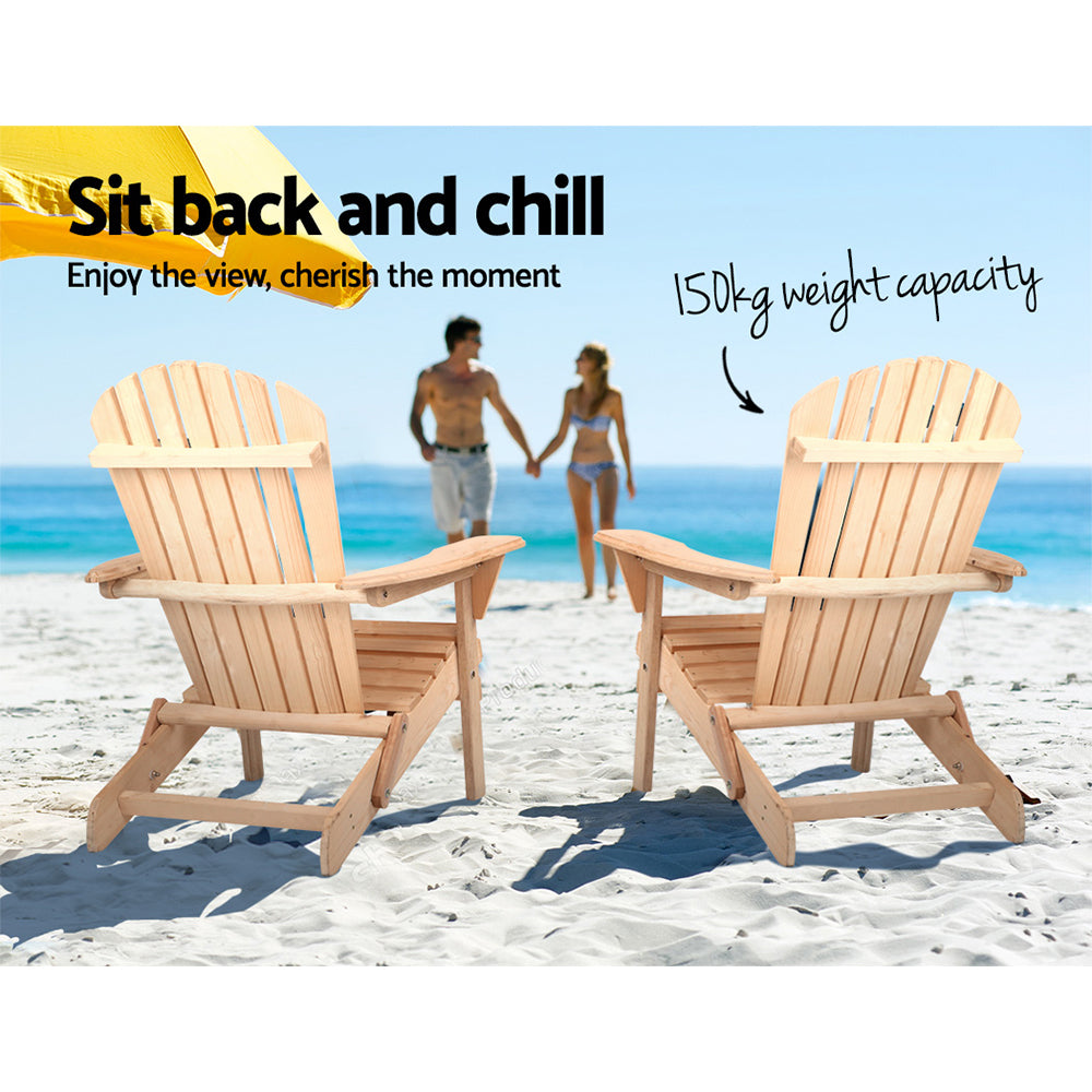 Ethan Set of 2 Adirondack Wooden Outdoor Chairs Furniture Beach Lounge Garden Patio - Natural
