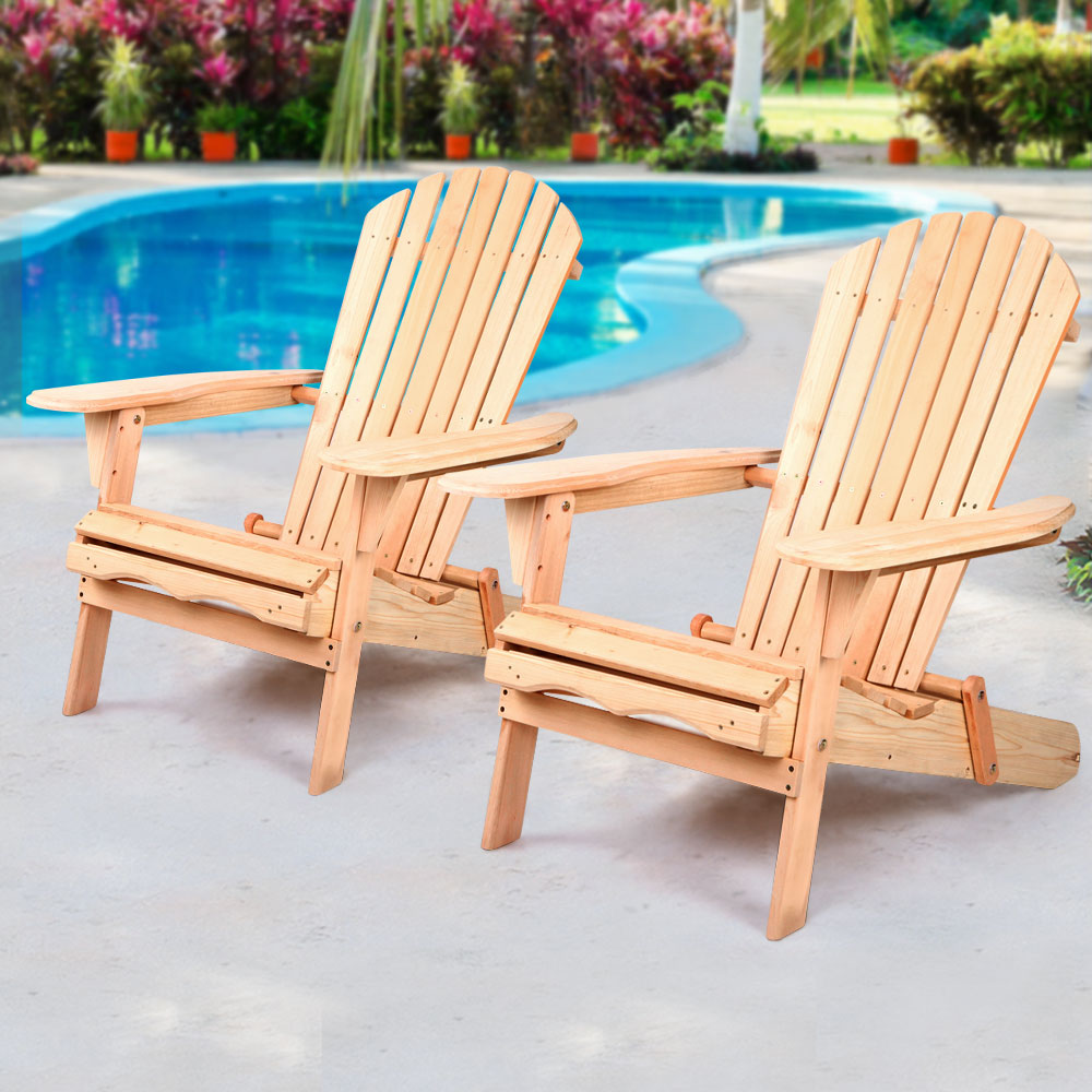 Ethan Set of 2 Adirondack Wooden Outdoor Chairs Furniture Beach Lounge Garden Patio - Natural