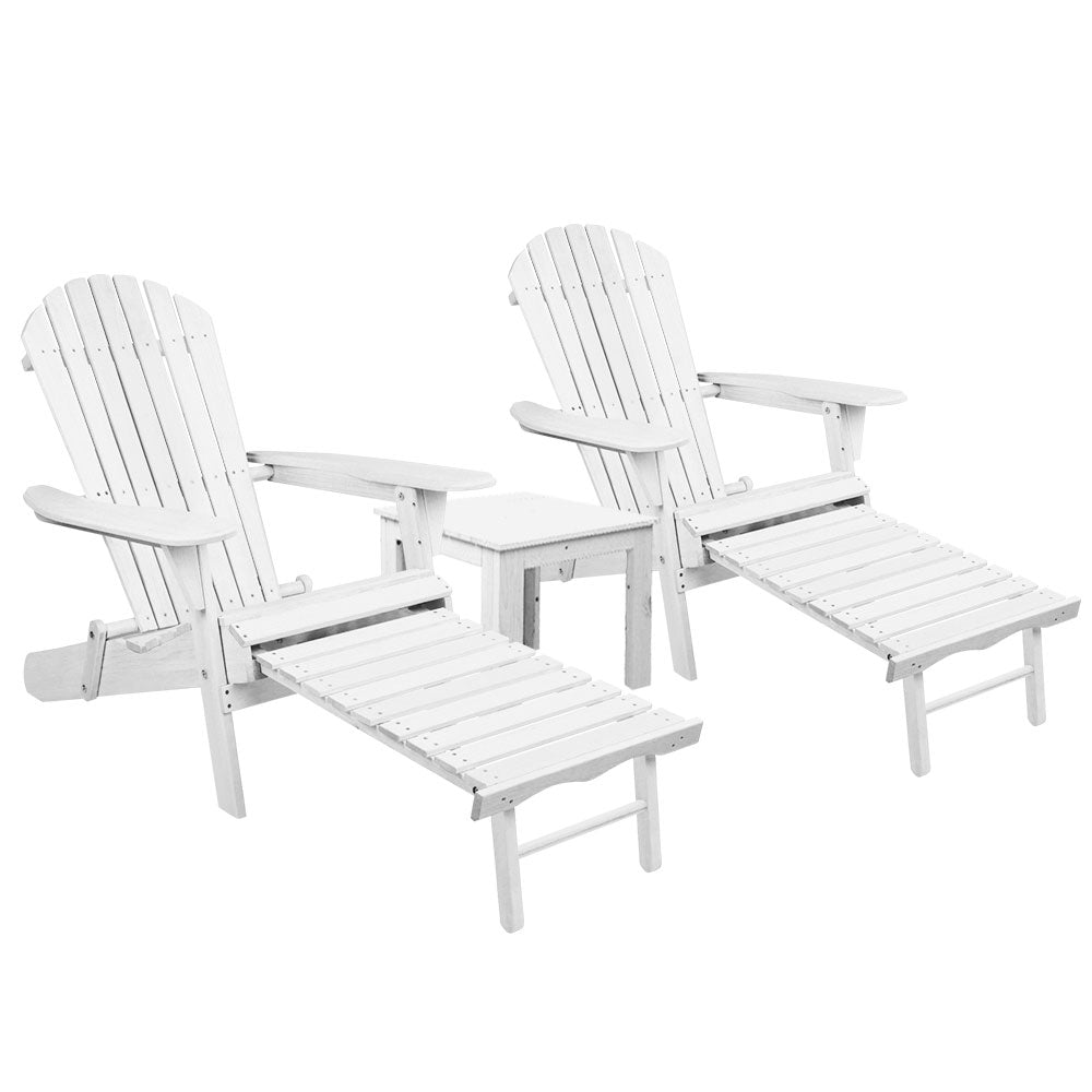 Keaton 3-Piece Adirondack Outdoor Sun Lounge Beach Chair Furniture Patio Garden - White