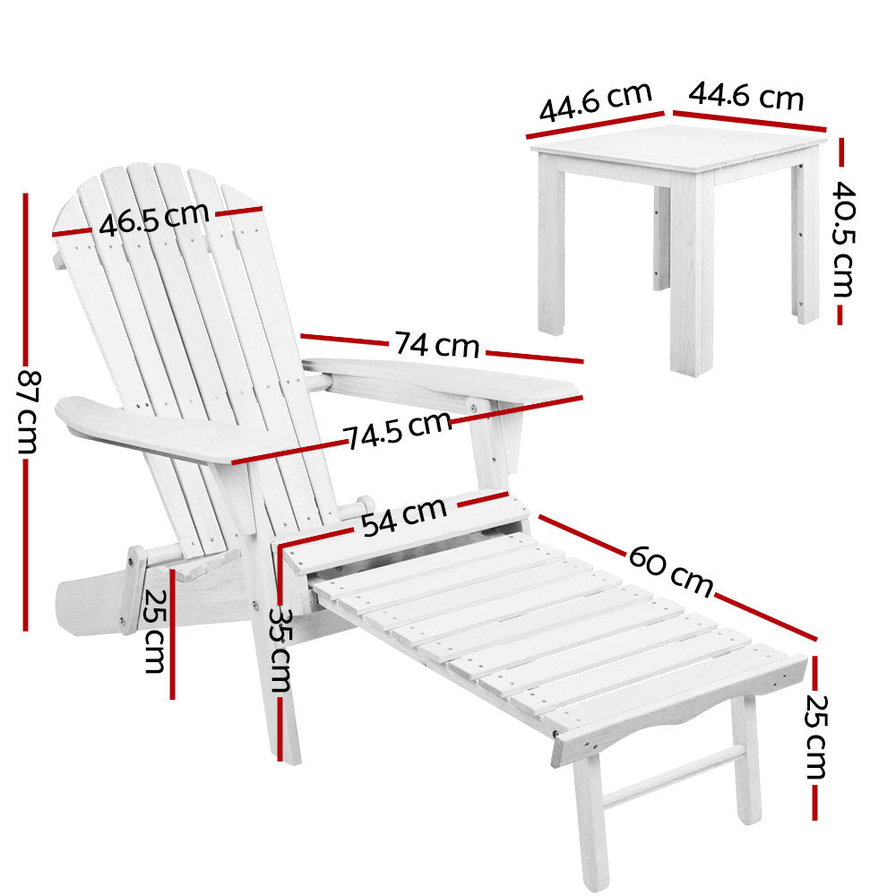 Keaton 3-Piece Adirondack Outdoor Sun Lounge Beach Chair Furniture Patio Garden - White