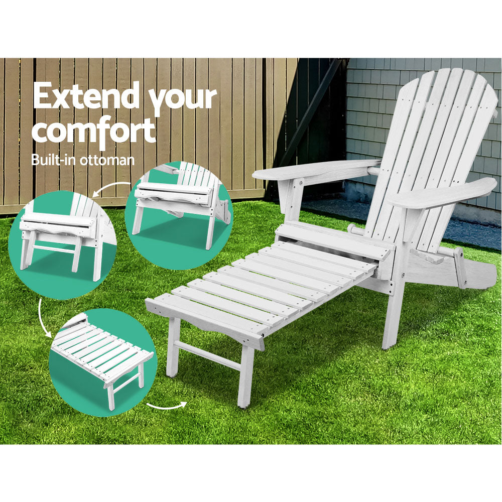 Keaton 3-Piece Adirondack Outdoor Sun Lounge Beach Chair Furniture Patio Garden - White