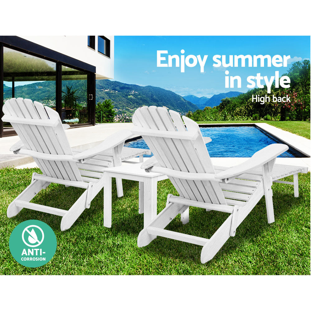 Keaton 3-Piece Adirondack Outdoor Sun Lounge Beach Chair Furniture Patio Garden - White