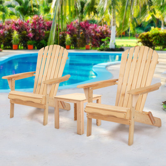 Adirondack Gardeon 3PC Outdoor Table and Chairs Wooden Foldable Beach Chair Natural