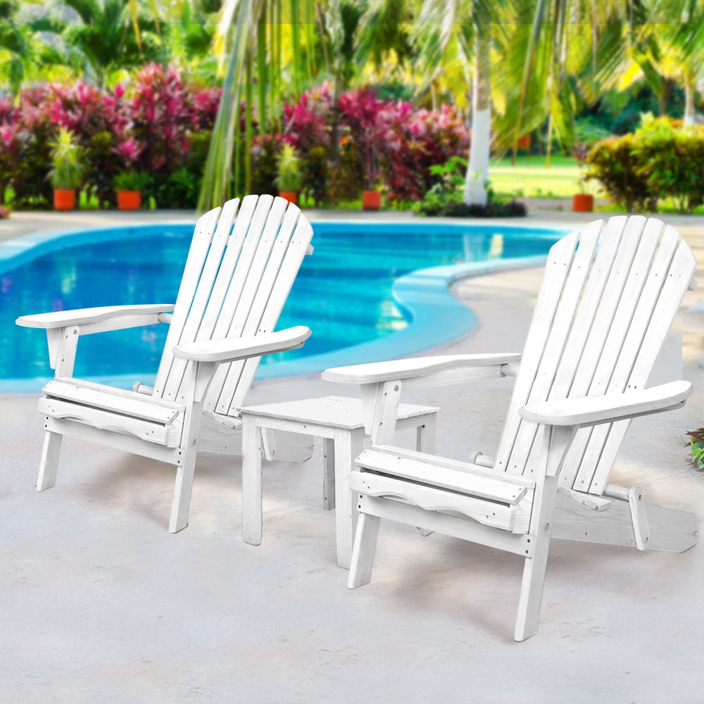 Hugh 3-Piece Adirondack Outdoor Beach Chair Furniture Patio Garden - White