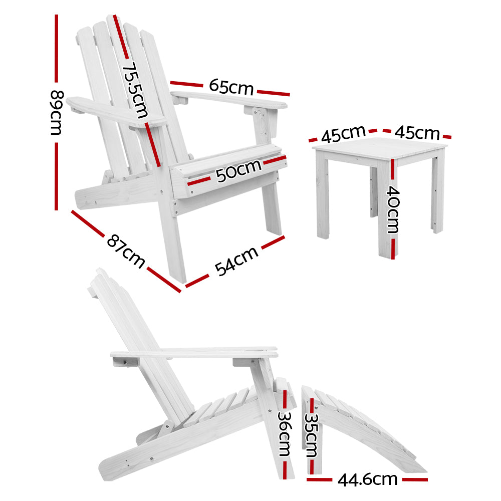 Epworth 3-Piece Adirondack Outdoor Sun Lounge Beach Chairs Table Setting Wooden Patio Chair - White