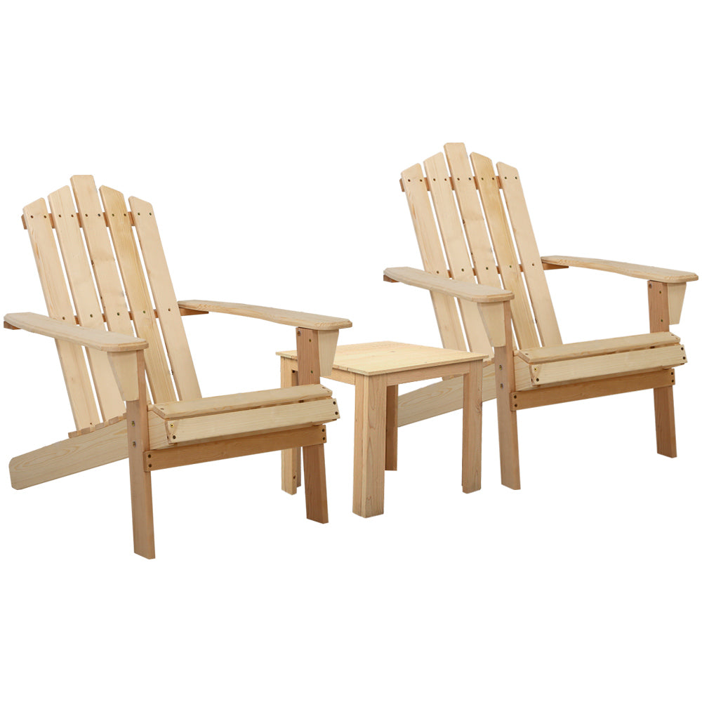 Hendon 3-Piece Adirondack Outdoor Beach Wooden Chairs Patio Chair & Table Set - Natural Wood