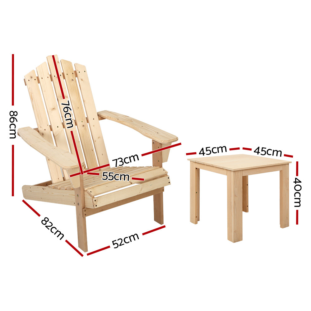 Hendon 3-Piece Adirondack Outdoor Beach Wooden Chairs Patio Chair & Table Set - Natural Wood